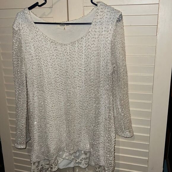 Indigo soul open knit sweater with lace bottom size medium - Picture 1 of 7